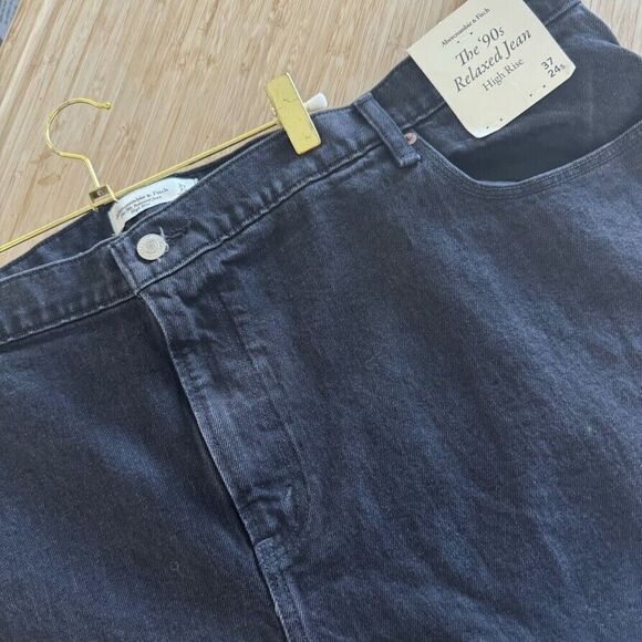 Abercrombie & Fitch Jeans 37/24s SHORT 90s Relaxed Wide Leg Black Ankle Slit - Picture 1 of 13